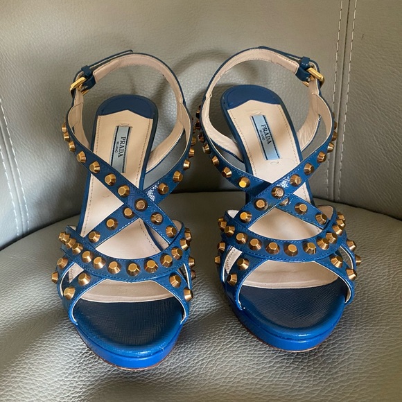 Prada Blue Leather Studded Slingback Sandals Sz 37.5, 7.5 - Picture 5 of 11